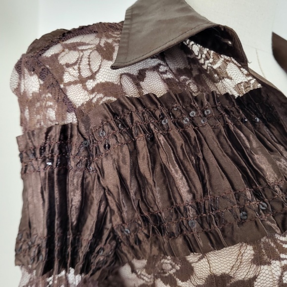 Lace long sleeve blouse button down sheer satin patchwork crinkle - Picture 5 of 14